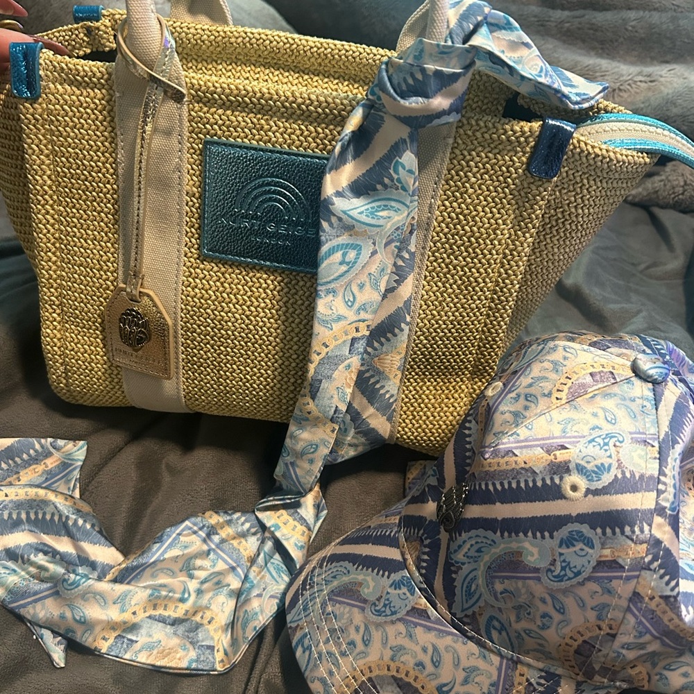 Beige Woven Tote Bag with Blue Accents